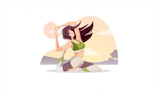 Woman doing yoga exercises. Yoga in nature, wellness, healthy lifestyle, sport, flexibility, fitness concept. Animation video.