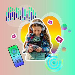 Creative digital collage stylish girl in headphones smartphone using social media listening to music app songs playlist gradient background. Like button Modern funky trendy graphic montage urban style