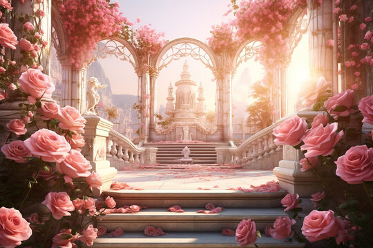 illustration fantasy background wallpaper of beautiful rose flower at ancient palace garden yard