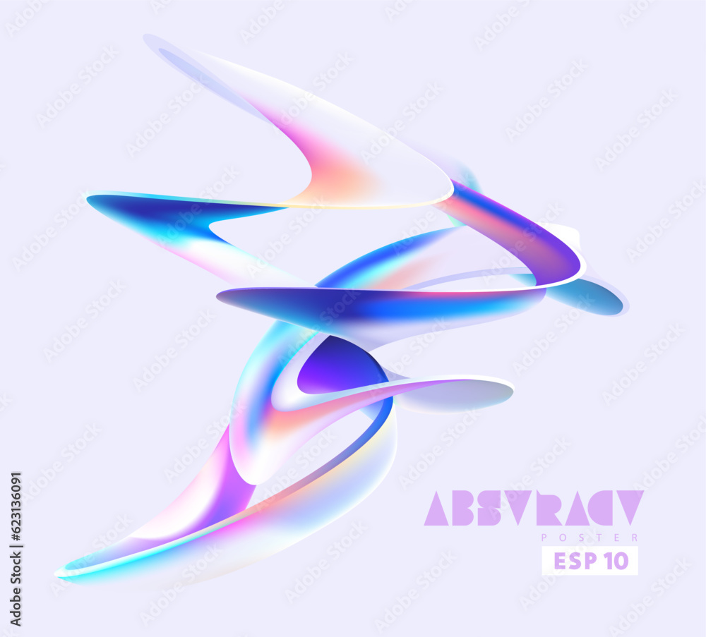 Poster abstract 3d shape of iridescent wavy forms. colorful liquid lines. realistic vector design elements.