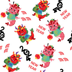 Cute chinese dragons seamless pattern Wealth lettering in Chinese. Happy New Year Symbol 2024. Vector illustration cartoon animals