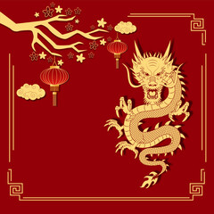 New year 2024 the dragon zodiac sign with clouds, dragon, lantern, asian elements gold red color background. Year of the dragon. New Year banners, posters, newsletters