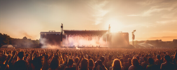 Crowd people at concert travel music festival. panorama photo