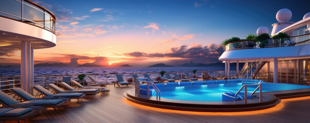 Luxury pool deck at modern cruise ship at summer vacation. - obrazy, fototapety, plakaty