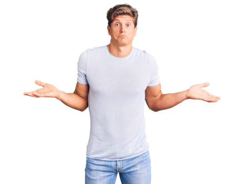Young handsome man wearing casual clothes clueless and confused expression with arms and hands raised. doubt concept.