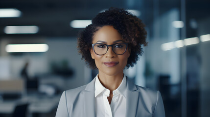 Photo portrait of African-American business woman in office setting, 40-45 years old office worker wearing a gray suit and glasses, confident professional, ceo, created with generative AI