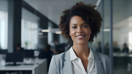 Photo portrait of an African-American businesswoman standing in modern office setting, wearing a gray suit, smiling 30-35 years old woman, confident ceo, generative AI