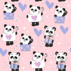 Cute baby panda and gift boxes in kawaii doodle style seamless pattern. Happy Birthday concept. Vector cartoon illustration