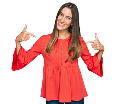 Young beautiful woman wearing casual clothes looking confident with smile on face, pointing oneself with fingers proud and happy.