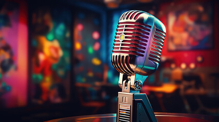 Close up microphone and pop filter in studio. Generative Ai
