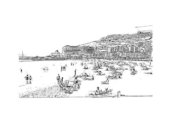 Fototapeta premium Building view with landmark of Puerto Rico de Gran Canaria is a holiday resort Spanish island in Gran Canaria. Hand drawn sketch illustration in vector.