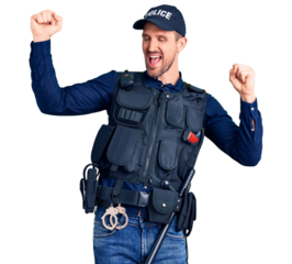 Young handsome man wearing police uniform dancing happy and cheerful, smiling moving casual and confident listening to music