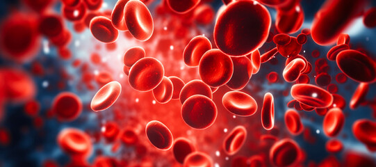 Panoramic shot of many red round blood cells flowing in the blood stream of the human body - Generative AI