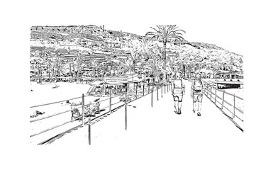 Building view with landmark of Puerto Rico de Gran Canaria is a holiday resort Spanish island in Gran Canaria. Hand drawn sketch illustration in vector.