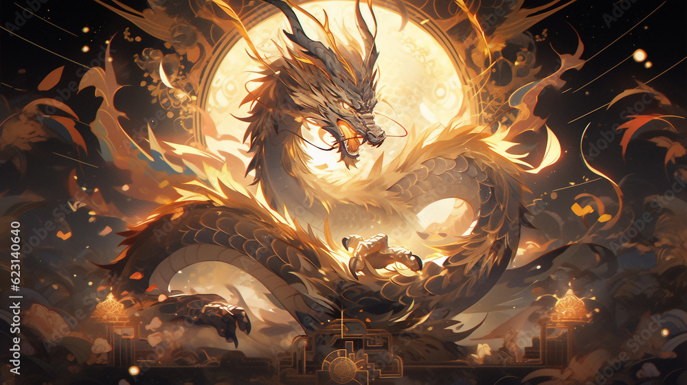 Wall mural Chinese dragon, Zodiac. Chinese new year 2024 Asian Celebration, illustration fantasy anime manga Chinese Golden dragon,Generative Ai