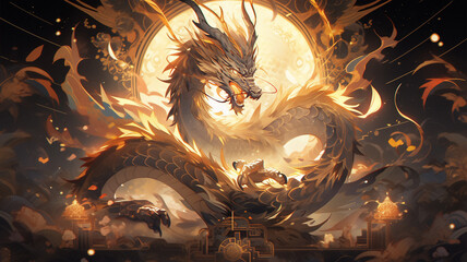 Chinese dragon, Zodiac. Chinese new year 2024 Asian Celebration, illustration fantasy anime manga Chinese Golden dragon,Generative Ai - obrazy, fototapety, plakaty