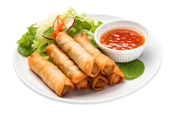 spring rolls with dip and salt on a plate, isolated, white background, generative ai - obrazy, fototapety, plakaty