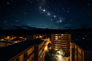 Evening, milky way and stars in dark sky in city for stargazing, astrophotography and starlight view. Ai generated town, urban and architecture buildings in late evening light with galaxy constellati
