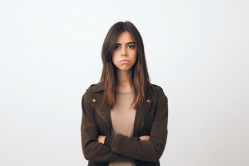 Obraz premium Upset offended young girl looking at camera feeling sad crossed arms, displeased news. Generative AI