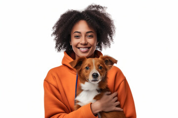 Smiling pretty mixed race girl with afro hair hugs dog. Pets cosmetics advertisement. Generative AI