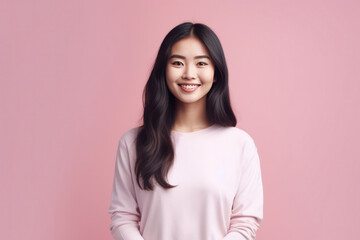Fototapeta premium Smiling pretty korean young girl on pink background. Hair care, skincare cosmetic ad. Generative AI