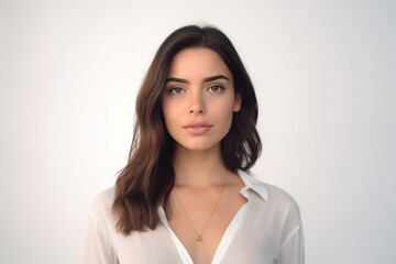Obraz premium Pretty young female with healthy skin, long brown hair, advertising natural cosmetics. Generative AI