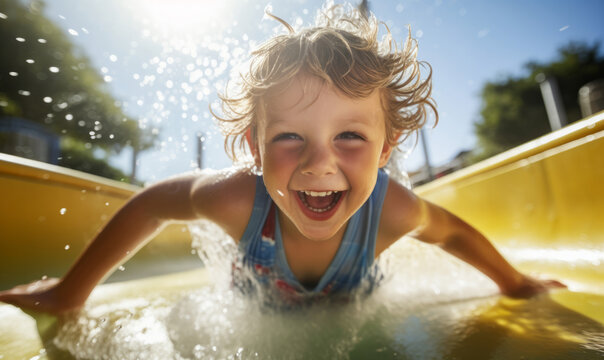 Close up of an excited child sliding on a water slide at an aqua park