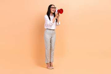 Full length photo of excited funny lady wear white shirt spectacles screaming bullhorn empty space...