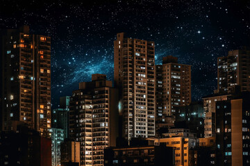 Fototapeta na wymiar Night, milky way and stars in dark sky in city for stargazing, astrophotography and starlight view. Ai generated town, urban and architecture buildings in late evening light with galaxy constellation
