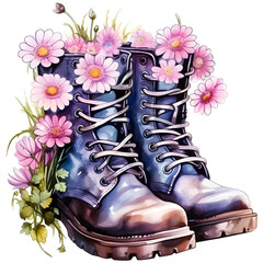 Floral boots watercolor clipart with transparent background, created with generative AI technology