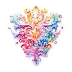 Watercolor Rainbow Rococo Ornament on white background Generative AI