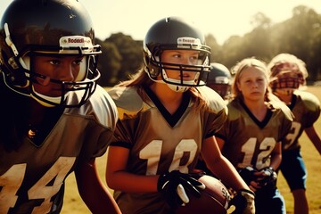 Multiracial teen girl team play in American football.