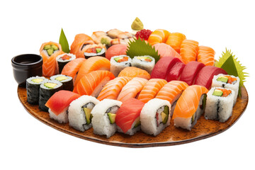 A platter of different types of sushi, isolated, white background, generative ai