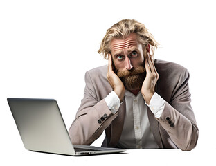 A Man Working Hard on Laptop in Mad, Frayed, Stress, Crazy with Messy Hair in Transparent Background