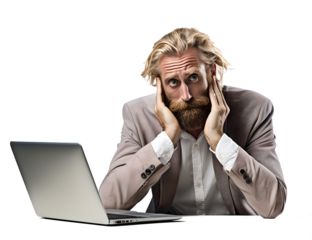 A Man Working Hard on Laptop in Mad, Frayed, Stress, Crazy with Messy Hair in Transparent Background