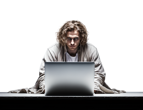 A Man Working Hard on Laptop in Mad, Frayed, Stress, Crazy with Messy Hair in Transparent Background - Powered by Adobe