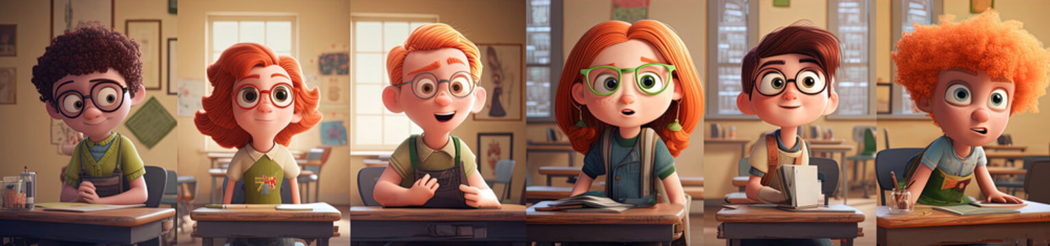 Cute kids at school in class. Red-haired kids at the school desk. Illustration in cartoon style. Funny schoolchildren. 