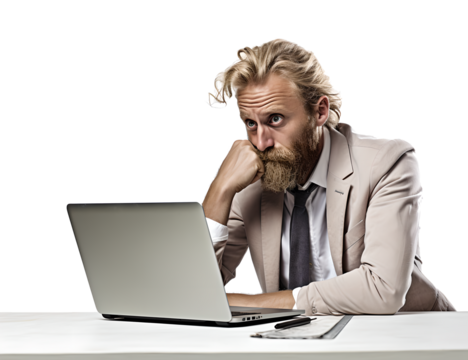 A Man Working Hard on Laptop in Mad, Frayed, Stress, Crazy with Messy Hair in Transparent Background