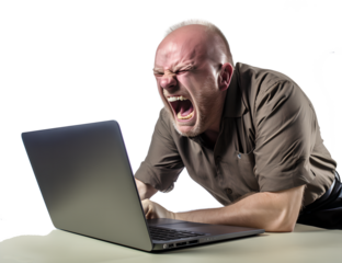 A Man Working Hard on Laptop in Mad, Frayed, Stress, Crazy with Messy Hair in Transparent Background