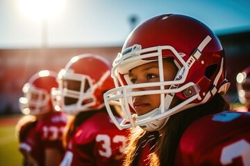 Multiracial teen girl team play in American football.