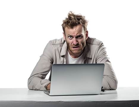 A Man Working Hard on Laptop in Mad, Frayed, Stress, Crazy with Messy Hair in Transparent Background