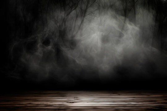 Grunge dark background. Wall of fog and wooden floor. Generative AI