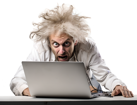 A Man Working Hard on Laptop in Mad, Frayed, Stress, Crazy with Messy Hair in Transparent Background