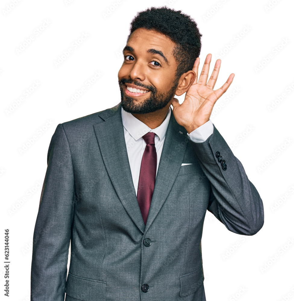 Canvas Prints Young african american man wearing business clothes smiling with hand over ear listening an hearing to rumor or gossip. deafness concept.