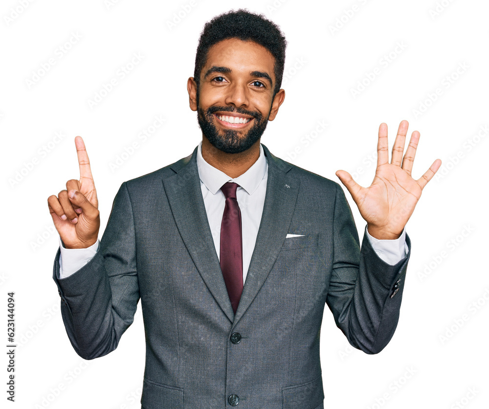 Canvas Prints Young african american man wearing business clothes showing and pointing up with fingers number six while smiling confident and happy.