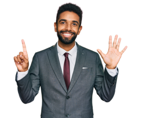 Young african american man wearing business clothes showing and pointing up with fingers number six while smiling confident and happy.