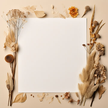 Autumn background with dried flowers, leaves and blank sheet of paper