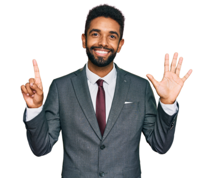 Young african american man wearing business clothes showing and pointing up with fingers number six while smiling confident and happy.