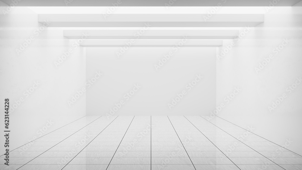 Poster White empty studio room with tiled floor and bright minimal design with spotlights for product display and placement. background. 3d rendering and design