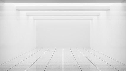 White empty studio room with tiled floor and bright minimal design with spotlights for product display and placement. background. 3d rendering and design